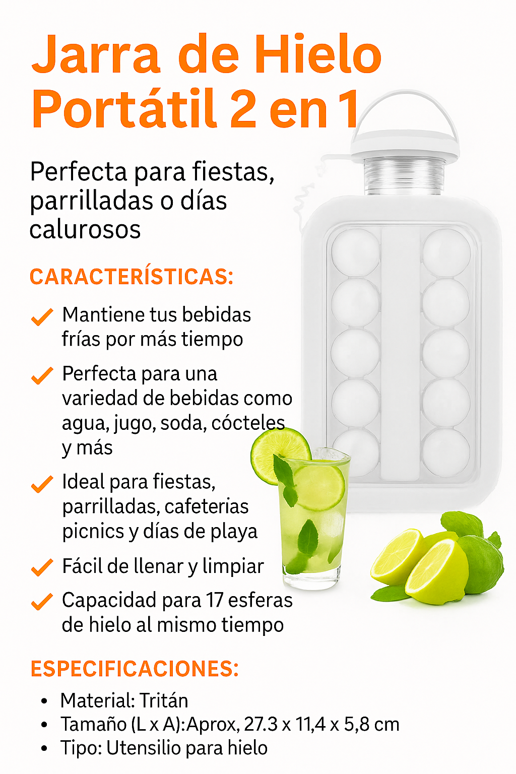 Molde de 17 Cavidades para Bolas de Hielo Multifuncional – Jarra Portátil de Silicona 2 en 1 | Contenedor y Hielera para Cocina, Bar y Bebidas
