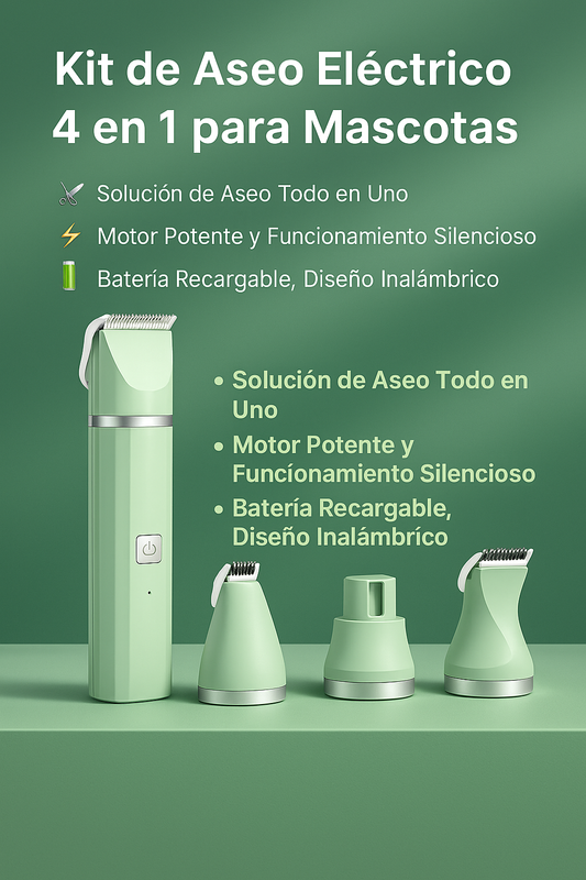 Kit de Aseo Eléctrico 4 en 1 para Mascotas – Recortadora de Pelo, Cortapelos y Lima de Uñas para Gatos y Perros.
