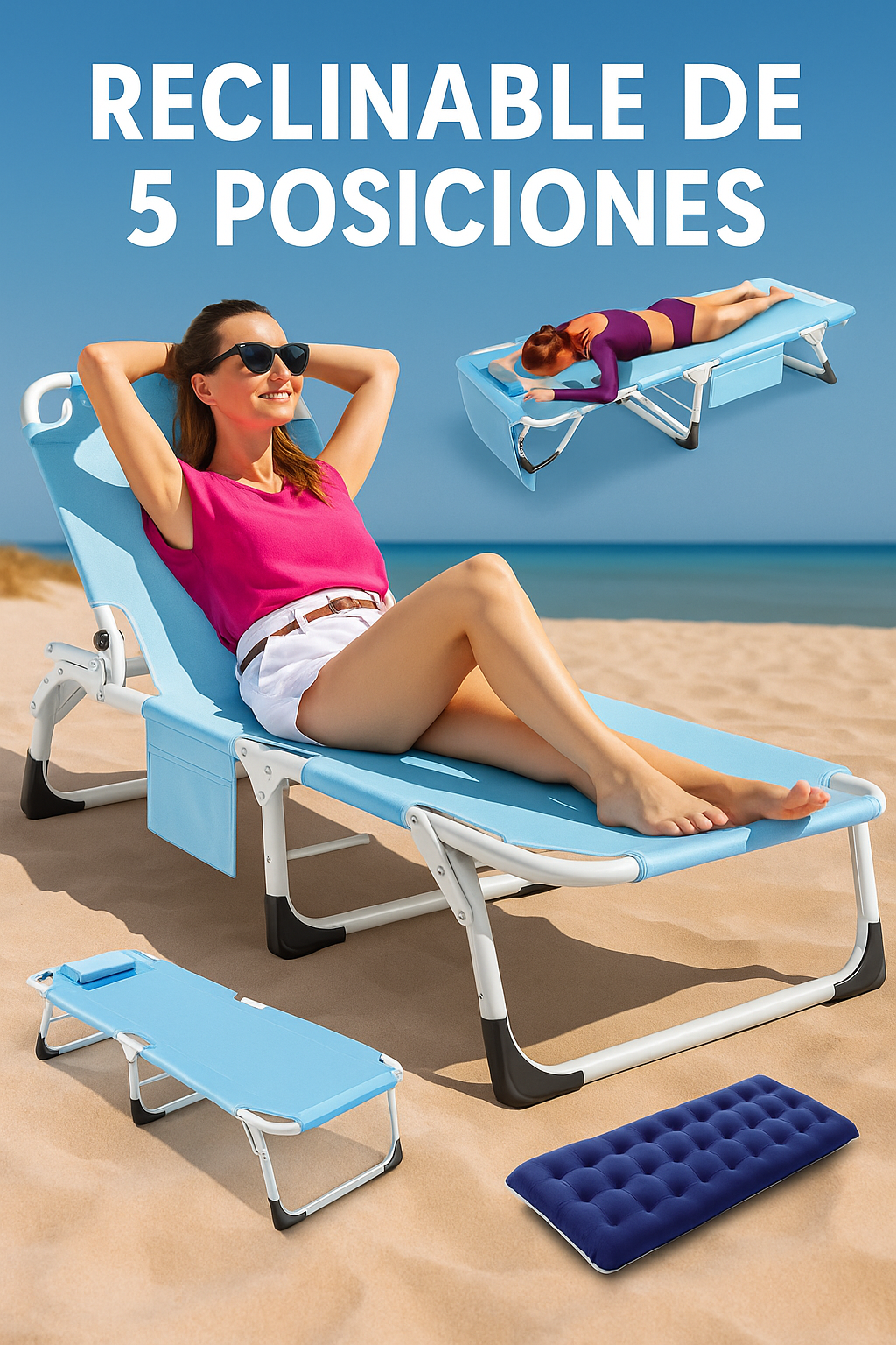 Silla Reclinable de Playa 5 en 1 con Cojín – Portátil y Cómoda