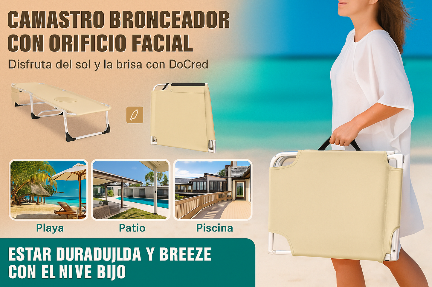 Silla Reclinable de Playa 5 en 1 con Cojín – Portátil y Cómoda